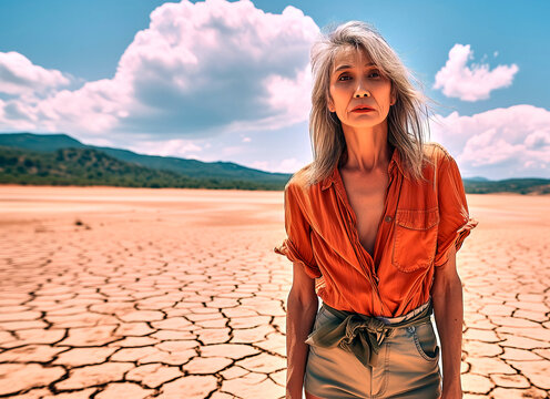 Woman contemplating on cracked desert landscape