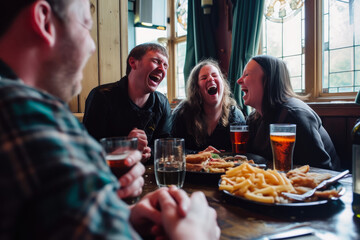 Fototapeta na wymiar Happy Faces Sharing Pub Grub Delights