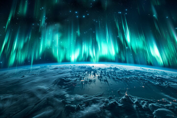 Fototapeta na wymiar Northern lights aurora borealis over the planet.