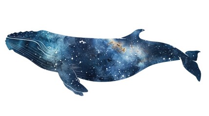 double exposure of Universe with stars in blue whale, isolated on clean white background