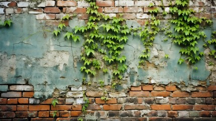 Weathered brick wall with climbing vines