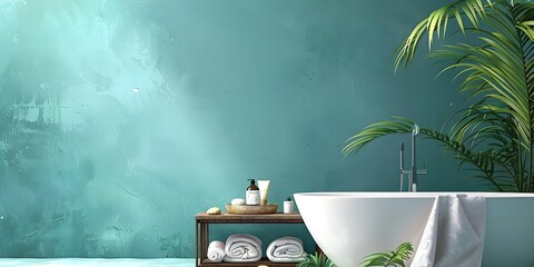Luxurious Spa Bath Oasis with Soothing Skincare Treats and Lush Tropical Ambiance - obrazy, fototapety, plakaty