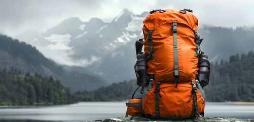 Rugged Hiking Backpack Overlooking Majestic Mountain Scenery - obrazy, fototapety, plakaty