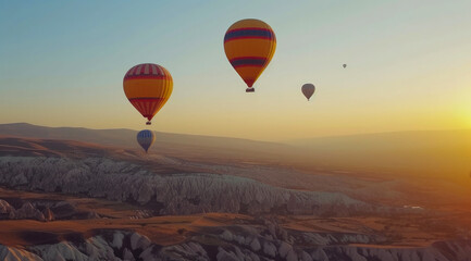 Panoramic Beauty: Hot Air Balloons Gliding Over Picturesque Land