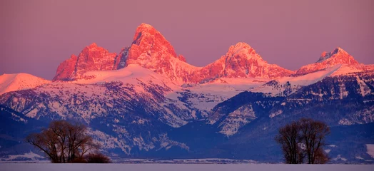 Rolgordijnen zonder boren Tetongebergte Teton Mountain Range Idaho Side Sunset Alpen Glow in Winter Blue Sky and Forest