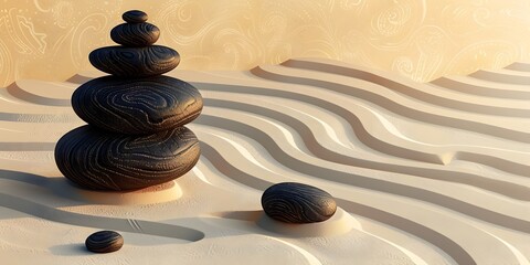 Peaceful Zen Garden with Raked Sand and Smooth Stones Harmonious Meditation Landscape for Relaxation and Contemplation