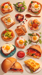 Breakfast icons set with fried eggs, sandwiches, hamburger, toast, cheese, tomato, ketchup and mayonnaise