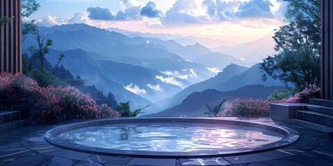 Serene Mountain Spa Oasis with Reflection Pool at Sunset in Enchanting Natural Landscape - obrazy, fototapety, plakaty