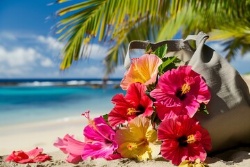 colorful hibiscus blooms spilling out of a tote on a palmshaded shore