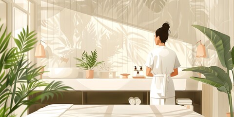 Spa Therapist Preparing a Personalized Wellness Treatment Room with Calming Natural Elements and Inviting Ambiance for Relaxation and Self Care - obrazy, fototapety, plakaty