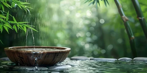 Deurstickers Peaceful Bamboo Fountain with Trickling Water Serene Nature Landscape Evoking Zen like Tranquility © Thares2020