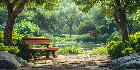 Secluded Garden Oasis for Peaceful Solitude and Quiet Contemplation with Lush Foliage Pond and Wooden Bench in Scenic Natural Setting - obrazy, fototapety, plakaty
