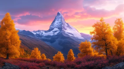 Poster Majestic mountain landscape with Matterhorn in Switzerland during autumn © Molostock