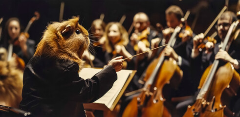Maestro guinea pig leading orchestra - obrazy, fototapety, plakaty