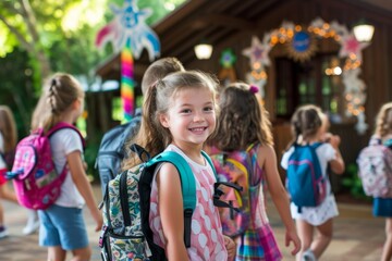 Little girl with backpack smiling at camera