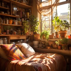 Cozy sunlit bohemian bedroom with lots of plants