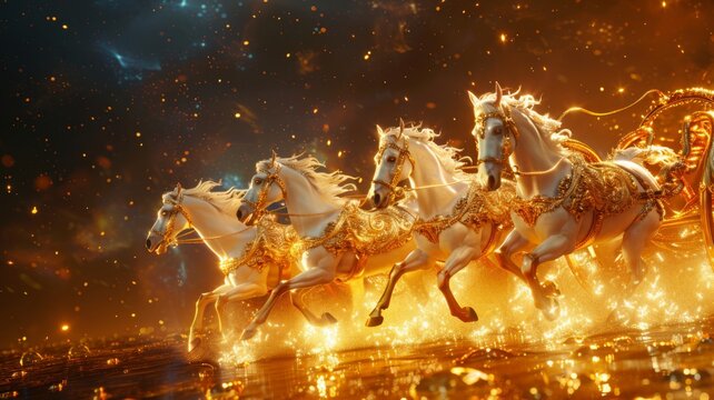 A golden chariot pulled by horses that race towards financial success.