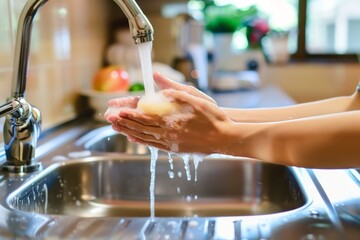 person at kitchen sink washing hands with dish soap - obrazy, fototapety, plakaty