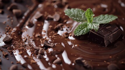 A pool of chocolate with a mint leaf floating, refreshing twist - obrazy, fototapety, plakaty