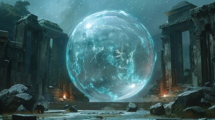 A pulsing magical orb encased in ancient ruins, power untold