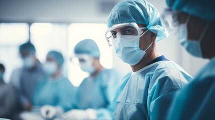 Portrait of a male surgeon in scrubs and a surgical mask standing in an operating room with a surgical team in the background - obrazy, fototapety, plakaty