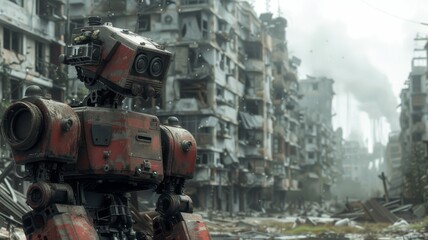 A robotic sentinel deactivated in a post-apocalyptic city, forgotten guard