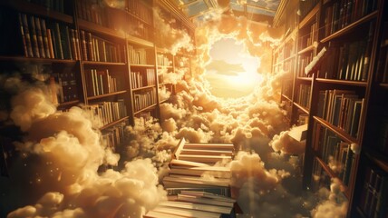 A spectral library, books floating off shelves, in a castle of clouds