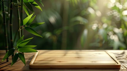 A stalk of bamboo next to a bamboo cutting board, nature repurposed