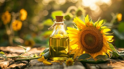 A sunflower with a bottle of sunflower oil, sunlight captured