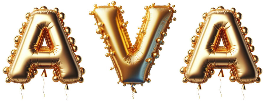Ava Letters - Golden Balloon, 3D - Isolated on Transparent or White Background PNG - Best for Birthday Illustration Design