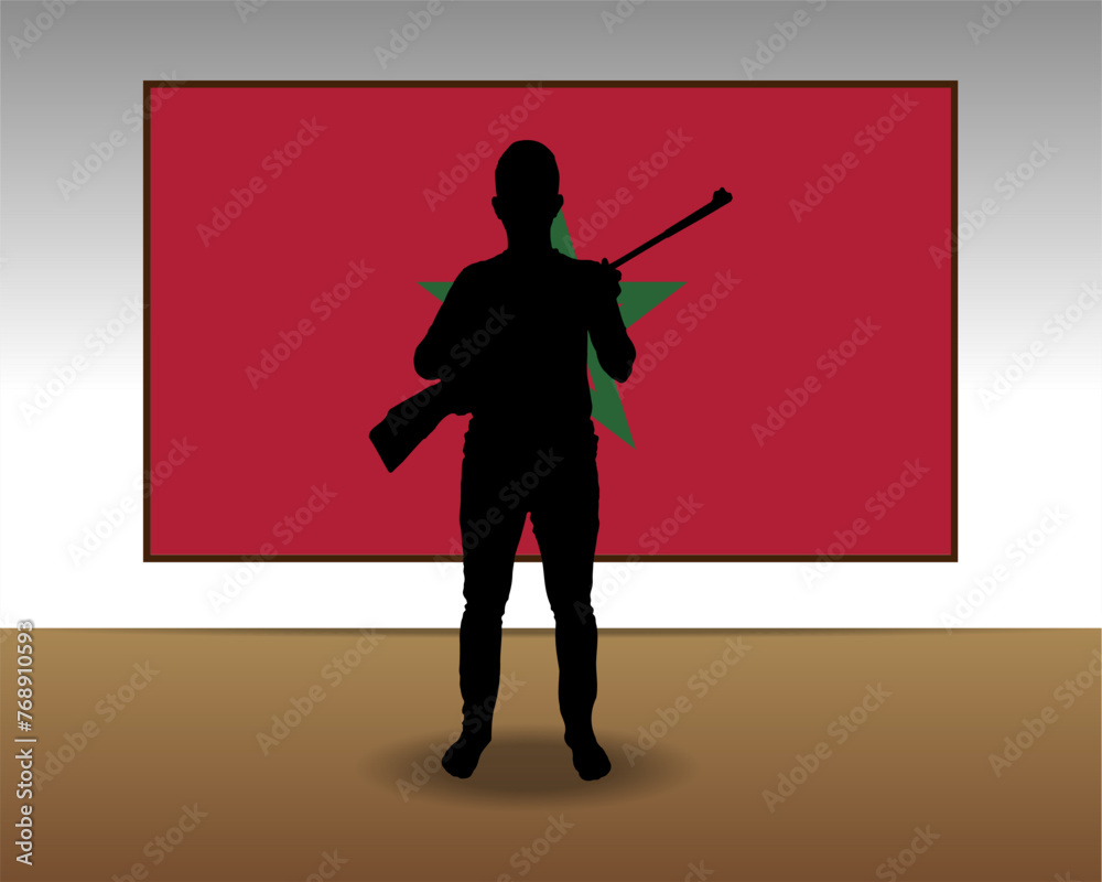 Wall mural Man holding a gun in front of Morocco flag, fight or war idea