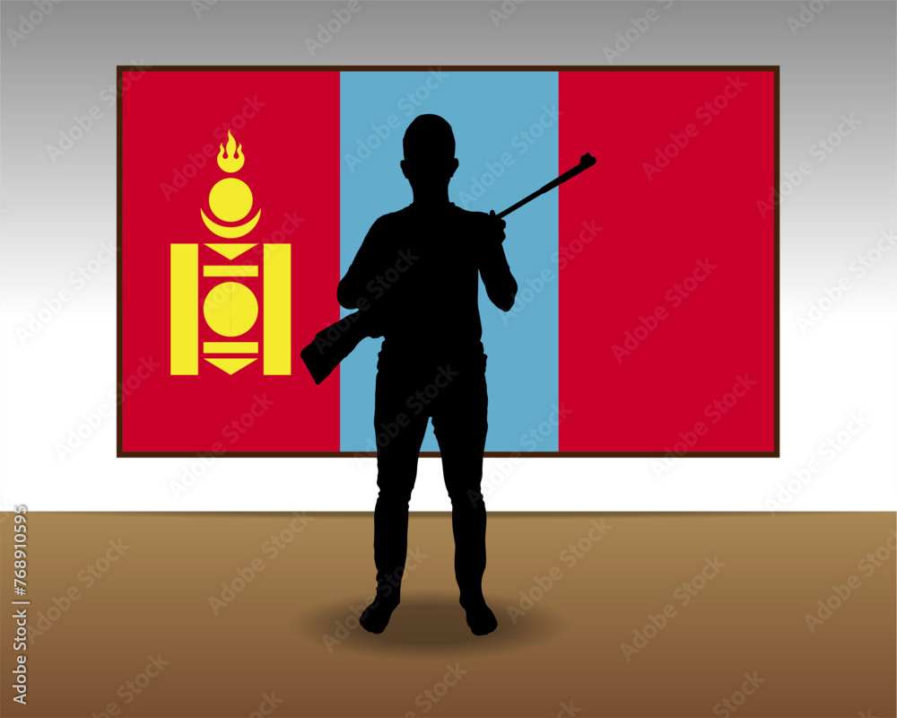 Wall mural Man holding a gun in front of Mongolia flag, fight or war idea