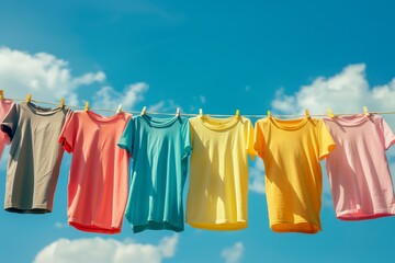 colorful tshirts drying on a string, sunny sky in the background, eco drying