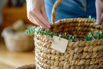 person putting a finishing touch on a wicker gift basket with a handmade tag