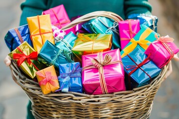 person holding a wicker basket filled with colorful wrapped presents