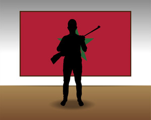 Man holding a gun in front of Morocco flag, fight or war idea