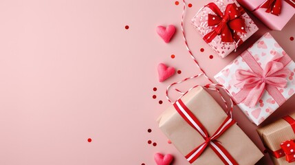 Valentine sales banner with gift boxes , top view, free copy space , pastel background