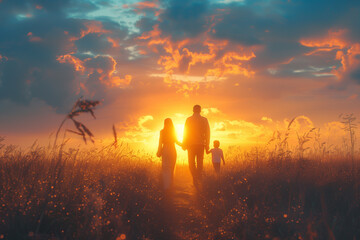 Father mother and son. Family silhouette walking down a ethereal sunset or sunrise vibrant landscape. Christian family walking the path of righteousness. Blue, orange and yellow sunset vibrancy. Love - obrazy, fototapety, plakaty