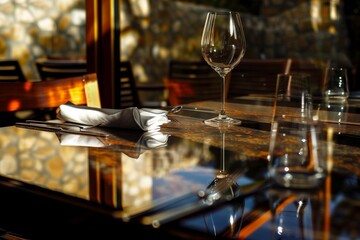 Fototapeta na wymiar window reflection on glossy table with wine setting