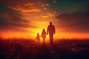 Father and two children. Man, boy and girl. Family silhouette walking down a ethereal sunset or sunrise vibrant landscape. Christian family walking the path of righteousness. Yellow sunset. - obrazy, fototapety, plakaty