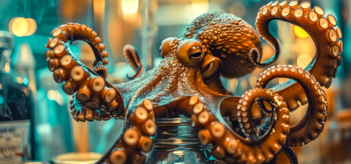 Fototapeta premium Intricate close-up of a detailed octopus figure against a blurred amber background
