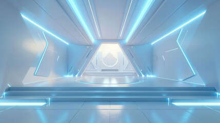 empty White room podium background, futuristic stage design with blue accents, Empty White Room interior With Lights, product presentation,3D rendering,