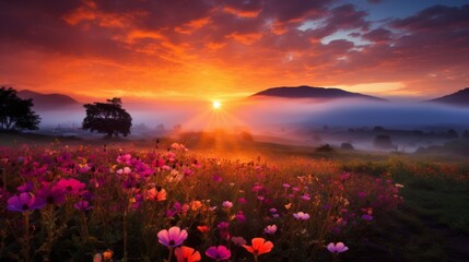 Sunset over a field of flowers
