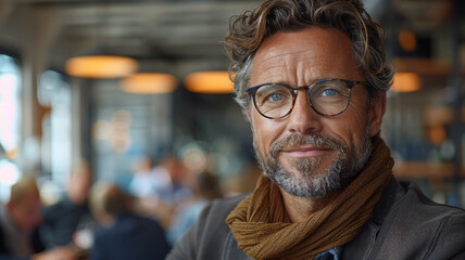 Sophisticated Gentleman in Stylish Cafe. A distinguished gentleman with grey hair and round glasses poses in a trendy cafe, his expression thoughtful and content. - obrazy, fototapety, plakaty
