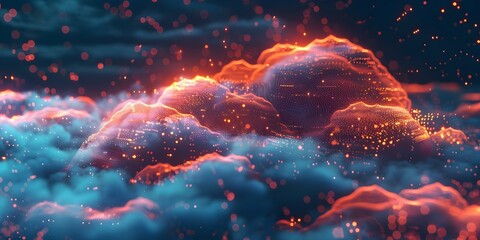 Cloud formation with glowing data streams representing cloud backup technology. Concept Cloud Backup Technology, Data Streams, Glowing Technology, Cloud Formation, Backup Solutions - obrazy, fototapety, plakaty