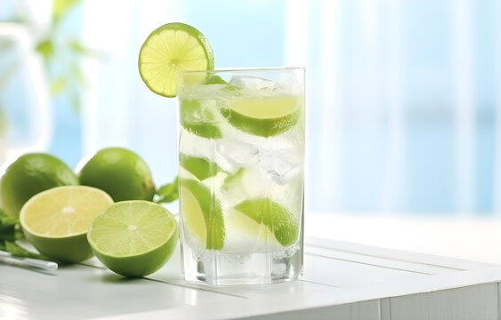 Mason jar glass of lemonade with fresh lime on a white background