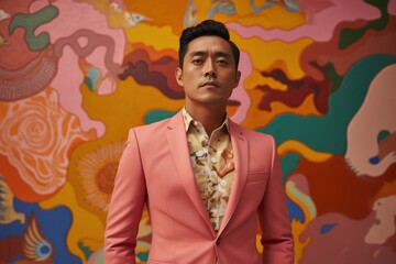 Asian Man in Pink Suit Standing in Front of Colorful Wall Generative AI