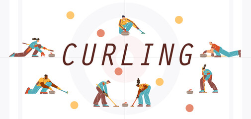 People playing curling sport game vector typography banner design, cartoon competition with curling stone and broom