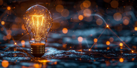 Radiant Lightbulb with Network of Sparks. An electric lightbulb against a moody dark backdrop, its filament aglow with a complex network of light and sparks reflecting on a wet surface. - obrazy, fototapety, plakaty