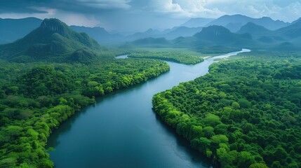 Fototapeta na wymiar Beautiful natural scenery of river in tropical green forest with mountains in background, aerial view drone shot, generative ai
